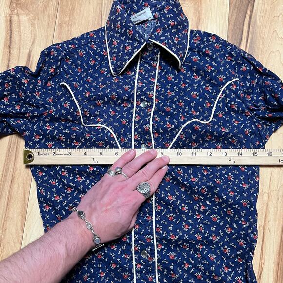 VINTAGE 70s Western Pearl Snap Womens Size 0 Blue Floral Cowgirl Hippie Retro - Picture 5 of 8